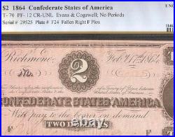 1864 $2 Rare Variety Pf-12 Confederate Currency CIVIL War Note Money T70 Pcgs 62