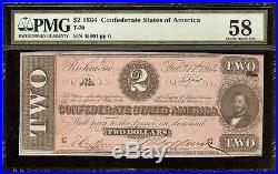 1864 $2 Two Dollar Bill Confederate States Currcency CIVIL War Note Pmg 58 T-70