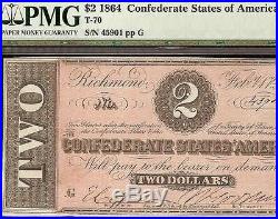 1864 $2 Two Dollar Bill Confederate States Currcency CIVIL War Note Pmg 58 T-70
