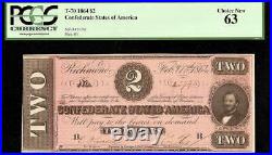 1864 $2 Two Dollar Confederate States Currcency CIVIL War Note T-70 Unc Pcgs 63