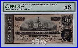 1864 $20 PMG Confederate Paper Note CHOICE AU-58 CIVIL WAR CSA T-67 Gorgeous