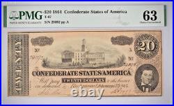 1864 $20 The Confederate States of America Note CIVIL WAR Era PMG 63 Ch Un