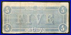 1864 $5 Csa Confederate Note CIVIL War Inscription Missing Front Print Error