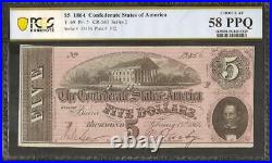 1864 $5 Dollar 13456 Confederate States Currency CIVIL War Note T69 Pcgs 58 Epq