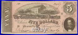 1864 $5 Dollar Bill Confederate States Currency CIVIL War Note Paper Money Au