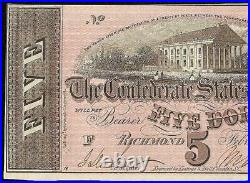 1864 $5 Dollar Bill Confederate States Currency CIVIL War Note Paper Money Au