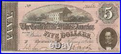 1864 $5 Dollar Bill Confederate States Currency CIVIL War Note Paper Money Au