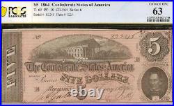 1864 $5 Dollar Bill Confederate States Note CIVIL War Paper Money T-69 Pcgs 63