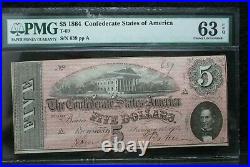 1864 $5 Dollar Bill Confederate States Note CIVIL War Paper Money T-69 Pcgs 63