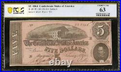 1864 $5 Dollar Bill Confederate States Note CIVIL War Paper Money T-69 Pcgs 63