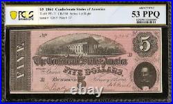 1864 $5 Dollar Confederate States Currency CIVIL War Note Money T-69 Pcgs 53 Ppq