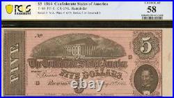 1864 $5 Dollar Confederate States Currency CIVIL War Note Remainder T-69 Pcgs 58