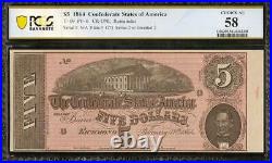 1864 $5 Dollar Confederate States Currency CIVIL War Note Remainder T-69 Pcgs 58