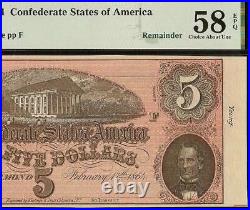 1864 $5 Dollar Confederate States Currency CIVIL War Note Remainder T-69 Pmg 58