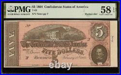 1864 $5 Dollar Confederate States Currency CIVIL War Note Remainder T-69 Pmg 58