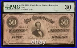 1864 $50 Bill Confederate States Note CIVIL War Money Black & White T-66 Pmg 30