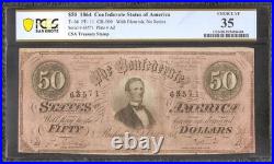 1864 $50 Bill Confederate States Note CIVIL War Money Red Csa Stamp T-66 Pcgs 35