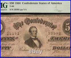 1864 $50 Confederate States Note CIVIL War Money T-66 Black White Signatures Pmg