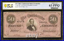 1864 $50 Dollar Bill Confederate States Note CIVIL War Money T66 Pcgs 63 Top Pop