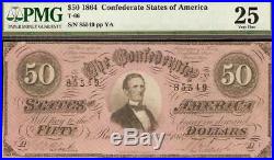 1864 $50 Dollar Bill Confederate States Note CIVIL War Old Paper Money T-66 Pmg