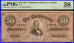 1864 $50 Dollar Bill Confederate States Note CIVIL War Paper Money T-66 Pmg 58