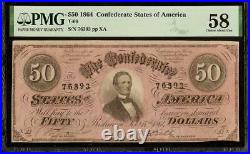 1864 $50 Dollar Bill Confederate States Note CIVIL War Paper Money T-66 Pmg 58