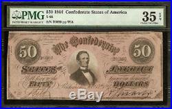 1864 $50 Dollar Confederate States Note CIVIL War Paper Money T-66 Pmg 35 Epq