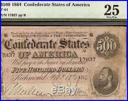 1864 $500 Bill Confederate States Currency Note CIVIL War Paper Money T-64 Pmg