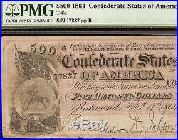 1864 $500 Bill Confederate States Currency Note CIVIL War Paper Money T-64 Pmg