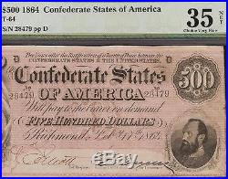 1864 $500 Bill Confederate States Currency Note CIVIL War Paper Money T64 Pmg 35