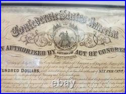 1864 $500 Confederate States of America Civil War Bond Near Complete Framed