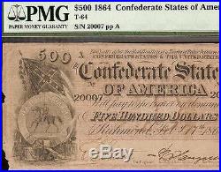 1864 $500 Dollar Bill Confederate States Currency Note CIVIL War Money T-64 Pmg