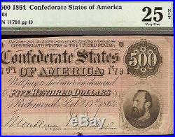 1864 $500 Dollar Bill Confederate States Of America Note CIVIL War T-64 Pmg Vf