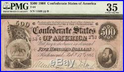1864 $500 Dollar Confederate States Currency CIVIL War Note Money T-64 Pmg 35