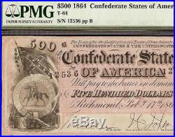 1864 $500 Dollar Confederate States Currency CIVIL War Note Money T-64 Pmg 35
