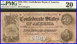 1864 $500 Dollar Confederate States Note CIVIL War Currency Paper Money T-64 Pmg