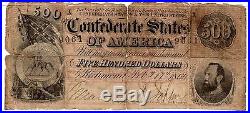 1864 $500 Five Hundred Dollar Bill Confederate States of America Civil War Note