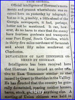 1864 Confederate Civil War newspaper w SHERMAN MARCH THROUGH GEORGIA to SAVANNAH