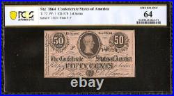 1864 Confederate Currency 50 Cent Fractional CIVIL War Note Money T-72 Pcgs 64