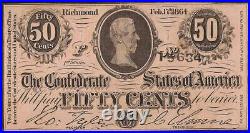 1864 Confederate Currency 50 Cent Fractional CIVIL War Note Money T-72 Pcgs 64