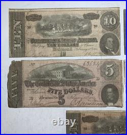 1864 Confederate Currency Lot Richmond Virginia Five Ten $5 $10 Civil War Culls