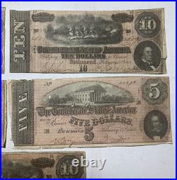 1864 Confederate Currency Lot Richmond Virginia Five Ten $5 $10 Civil War Culls