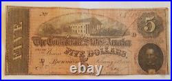 1864 Confederate States $5 note with Manuscript from Soldier Civil War Relic T69