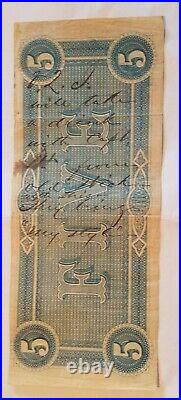 1864 Confederate States $5 note with Manuscript from Soldier Civil War Relic T69