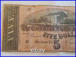 1864 Confederate States $5 note with Manuscript from Soldier Civil War Relic T69