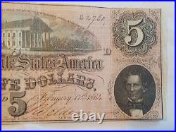 1864 Confederate States $5 note with Manuscript from Soldier Civil War Relic T69