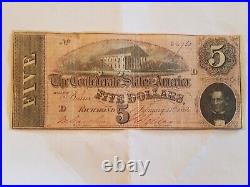 1864 Confederate States $5 note with Manuscript from Soldier Civil War Relic T69