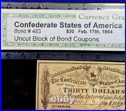 1864 Confederate States Civil War Uncut Sheet $30 Bond CSA Banknote Currency CGA