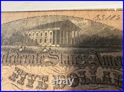 1864 Confederate States of America $5 Five Dollar Civil War Note Obsolete Bill