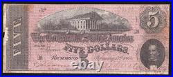 1864 Confederate States of America $5 T-69 Civil War Note CSA Richmond Currency